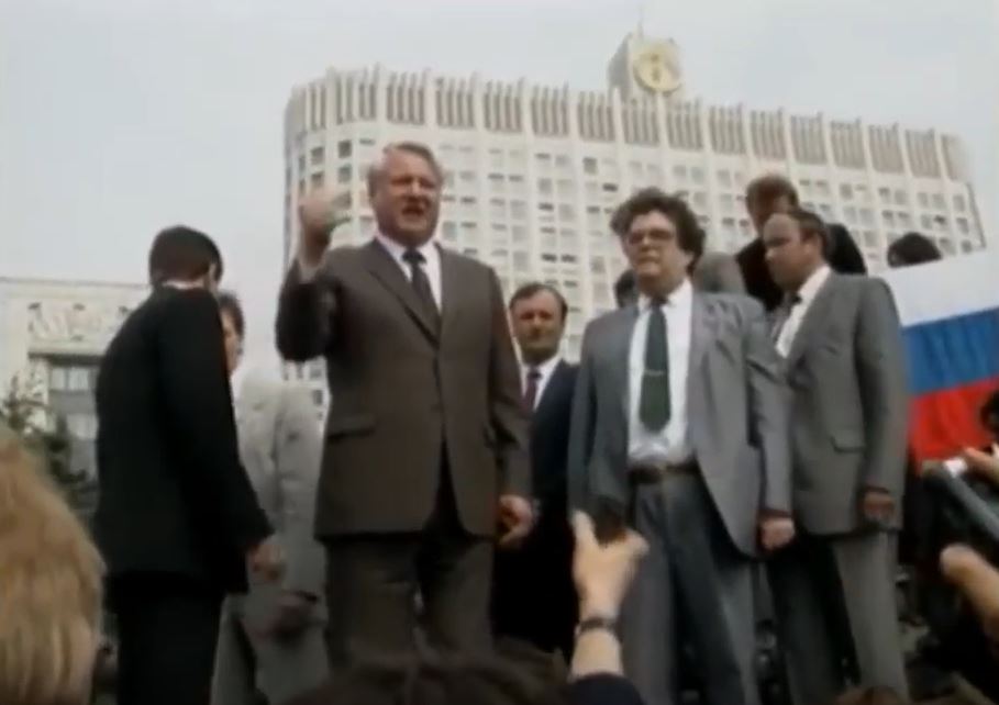 Boris Yeltsin standing atop a tank
