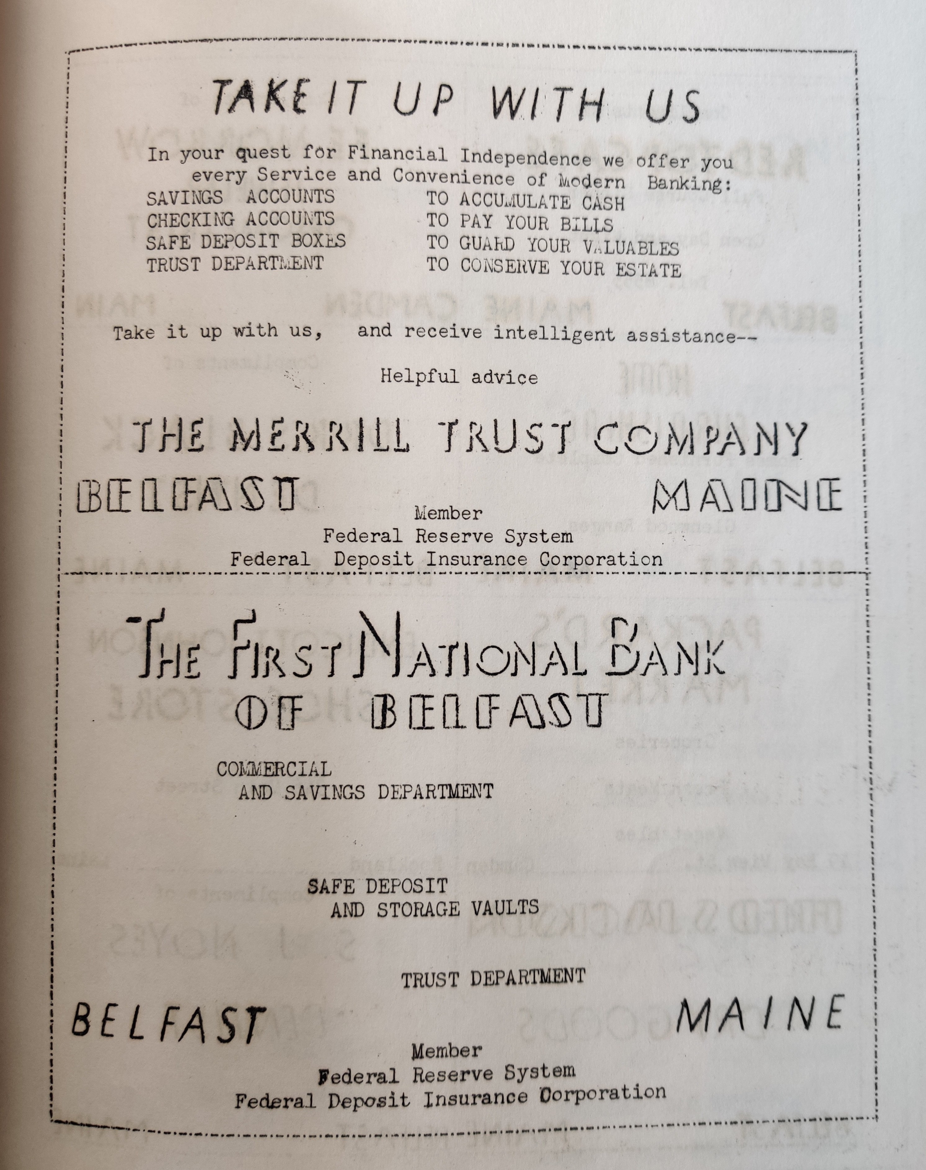 Some advertisements, including one of the First National Bank of Belfast.